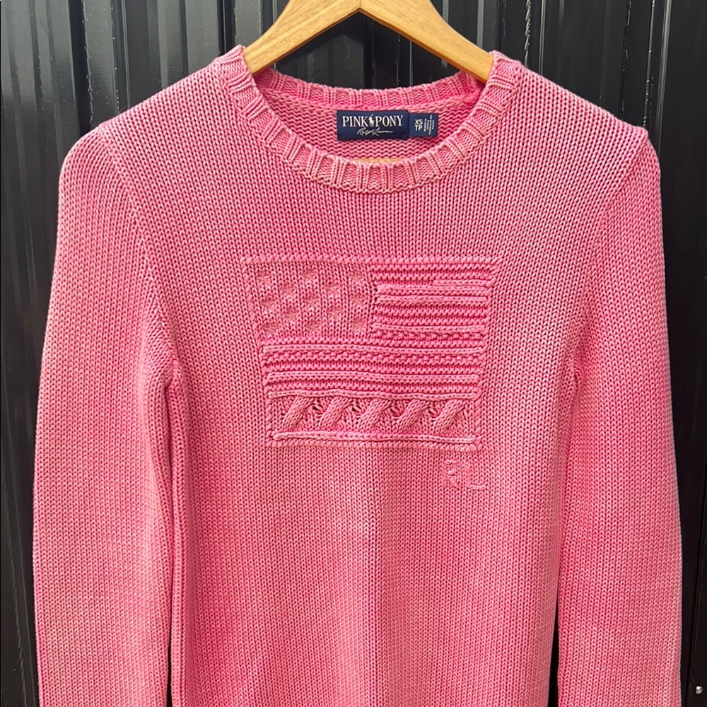 RALPH LAUREN Heritage American Flag 100% Cotton Chunky Knit Spell Sweater Pink - Picture 7 of 16